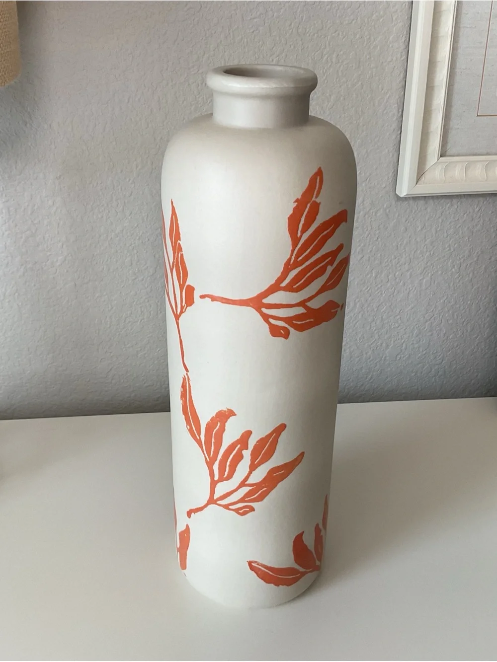 Cream Ceramic Vase with Orange Leaf Motif, made in Portugal